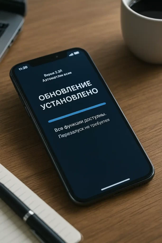 Смартфон лежит на деревянном столе, на экране — уведомление на русском: «ОБНОВЛЕНИЕ УСТАНОВЛЕНО», «Все функции доступны. Перезапуск не требуется», «Версия 2.5.1 — Автоматически».