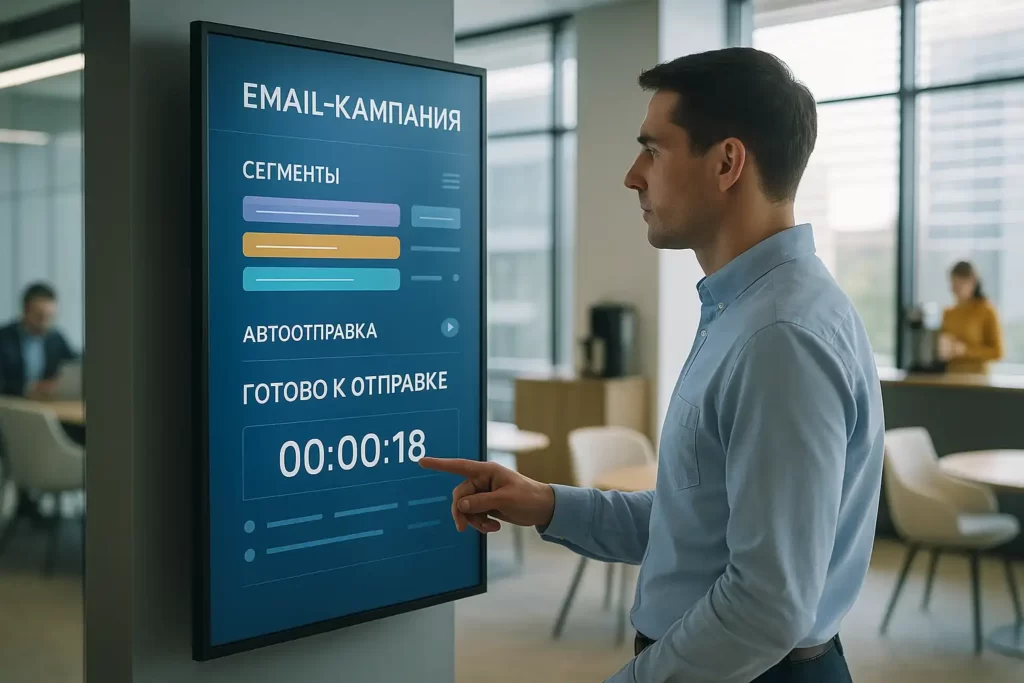 Менеджер запускает email-кампанию на экране с таймером в современном офисе; на экране надписи на русском: «EMAIL-КАМПАНИЯ», «СЕГМЕНТЫ», «АВТООТПРАВКА», «ГОТОВО К ОТПРАВКЕ», «00:00:18».