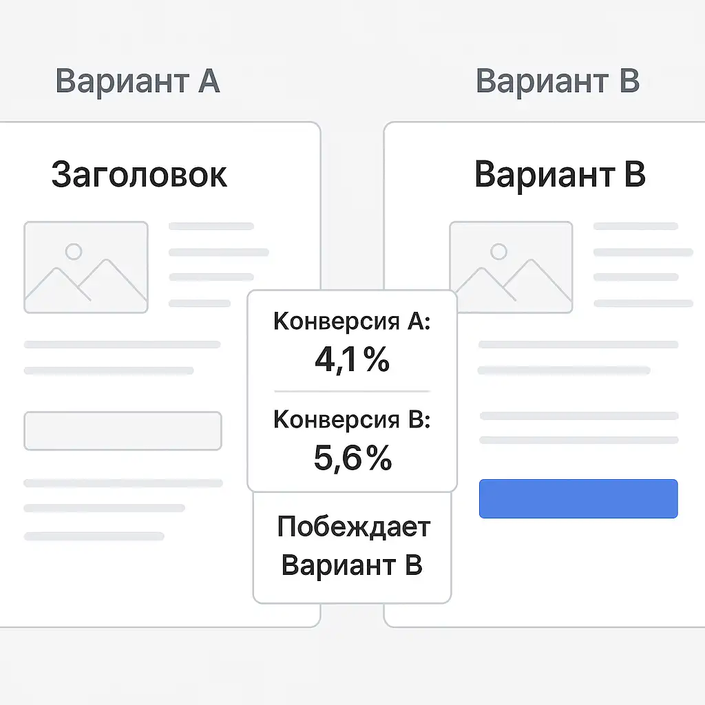 Минималистичная визуализация A/B-теста с двумя версиями сайта — «Вариант A» и «Вариант B», между ними окно с результатами: «Конверсия A: 4,1%», «Конверсия B: 5,6%», «Побеждает Вариант B».