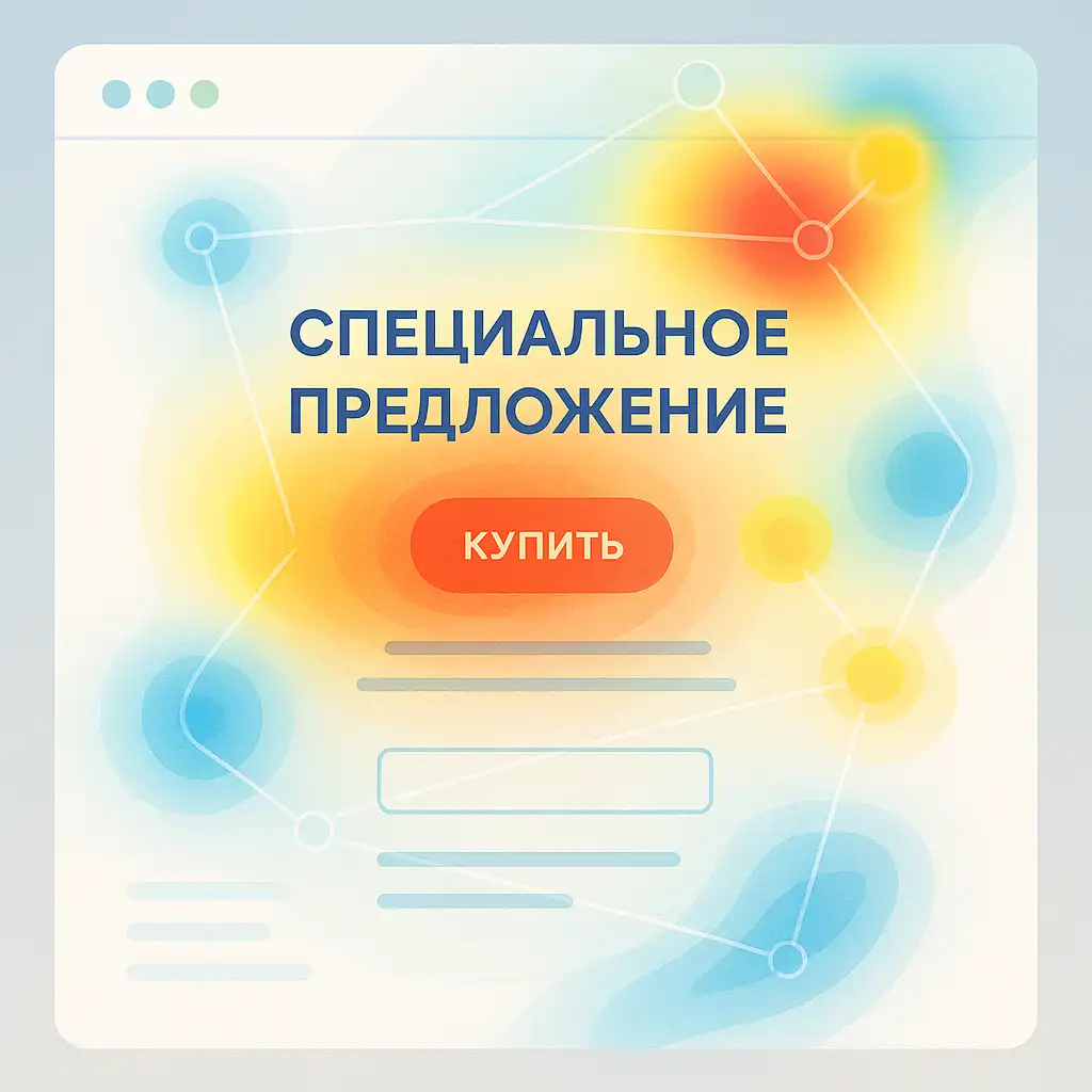 Цифровая тепловая карта на странице с русскими надписями «СПЕЦИАЛЬНОЕ ПРЕДЛОЖЕНИЕ» и кнопкой «КУПИТЬ», зоны активности выделены жёлто-красным, движения отображены линиями.