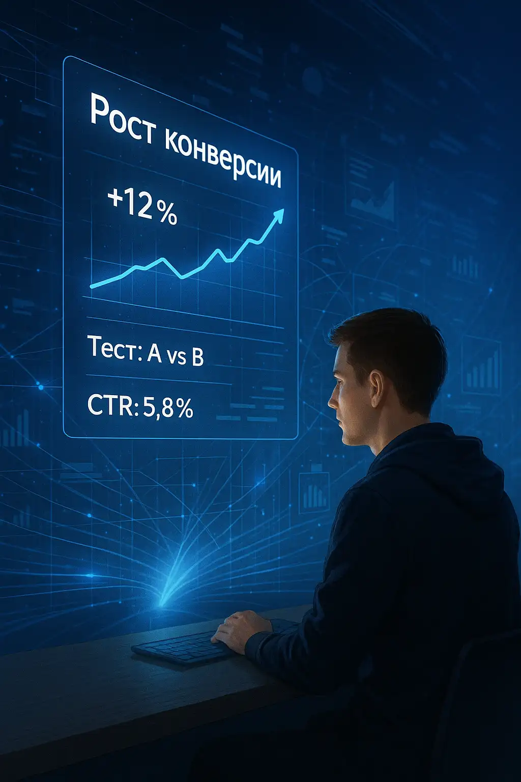 Аналитик смотрит на голографический экран с графиком и русскими подписями: «Рост конверсии», «+12%», «Тест: A vs B», «CTR: 5,8%» — в абстрактной цифровой среде с потоками данных.