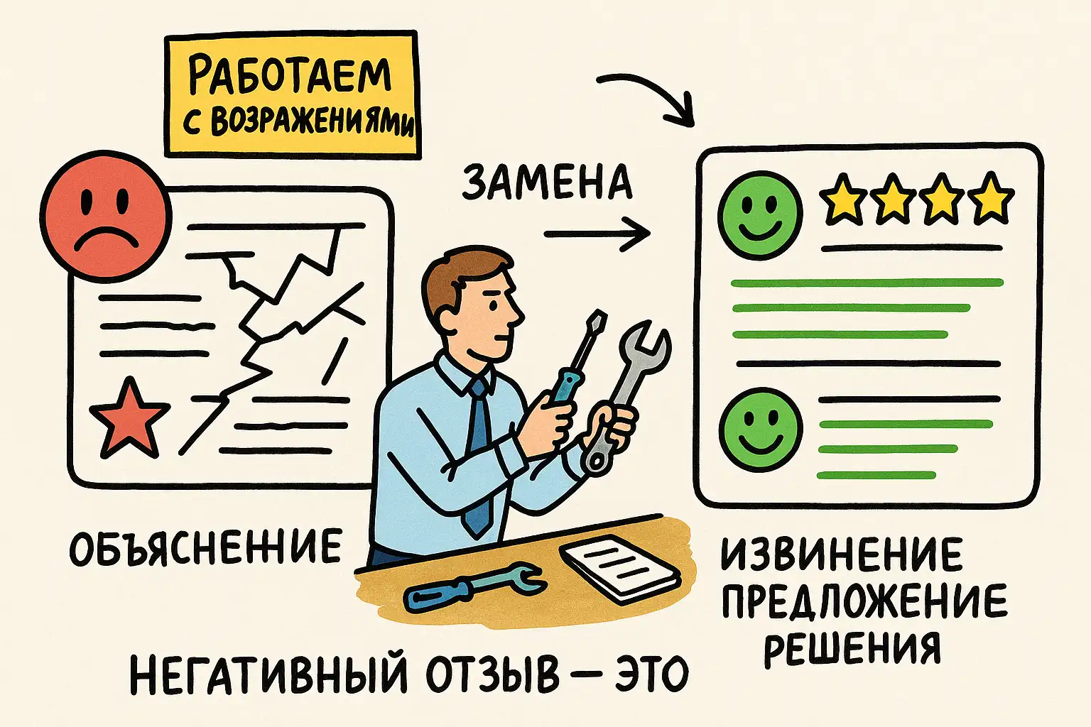 Инфографика в стиле скетчей показывает, как негативный отзыв трансформируется в положительный: слева — треснувший отзыв с грустным смайлом и 1 звездой, по центру — человек с инструментами, справа — зелёный отзыв с улыбкой и 4 звёздами; подписаны этапы: «Объяснение», «Замена», «Извинение», «Предложение решения».