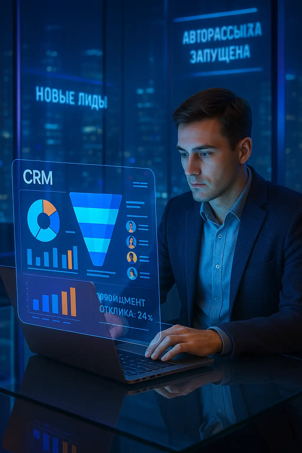 Молодой специалист за стеклянным столом работает с голографической CRM-системой, отображающей воронку продаж и графики, на фоне неонового офиса будущего.