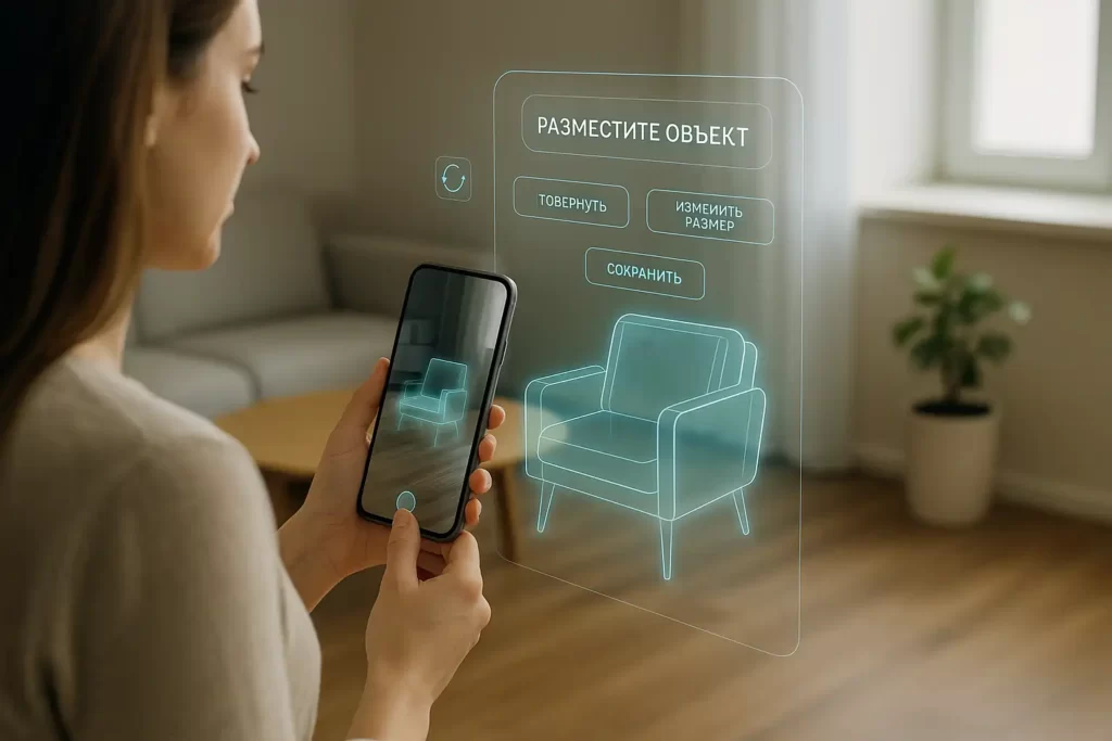 Женщина использует AR-приложение на смартфоне, размещая голографическое кресло; интерфейс с русскими надписями: «РАЗМЕСТИТЕ ОБЪЕКТ», «ПОВЕРНУТЬ», «ИЗМЕНИТЬ РАЗМЕР», «СОХРАНИТЬ».