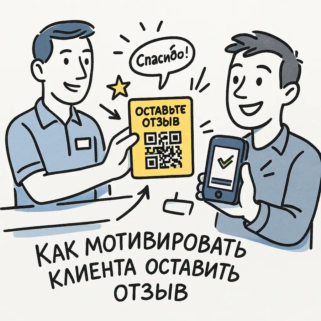 Скетч-иллюстрация показывает, как сотрудник вручает клиенту карточку с QR-кодом и надписью «Оставьте отзыв», клиент с улыбкой сканирует её смартфоном, на экране — галочка подтверждения; рядом нарисованы стрелки, звезда и облачко с надписью «Спасибо!», внизу — заголовок «Как мотивировать клиента оставить отзыв».