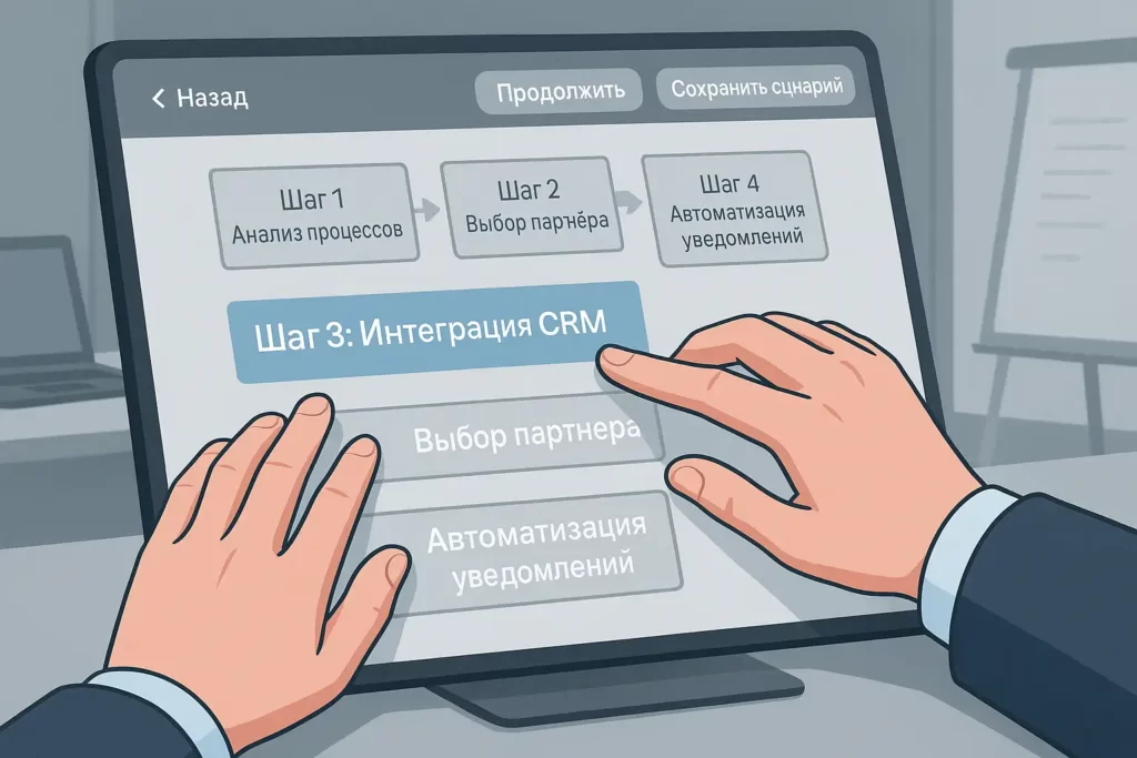 Крупный план рук, управляющих экраном с пошаговым обучением на русском языке: «Шаг 3: Интеграция CRM», «Шаг 4: Автоматизация уведомлений», кнопки «Назад», «Продолжить», «Сохранить сценарий».
